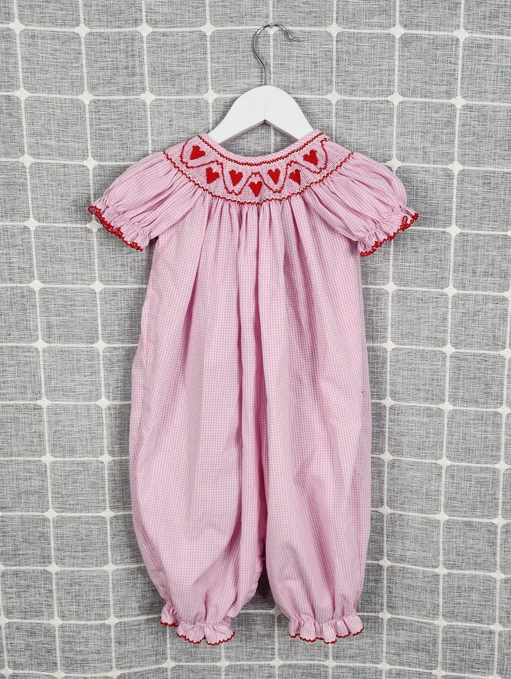 Petit Bebe Pink Smocked Heart Bubble Romper